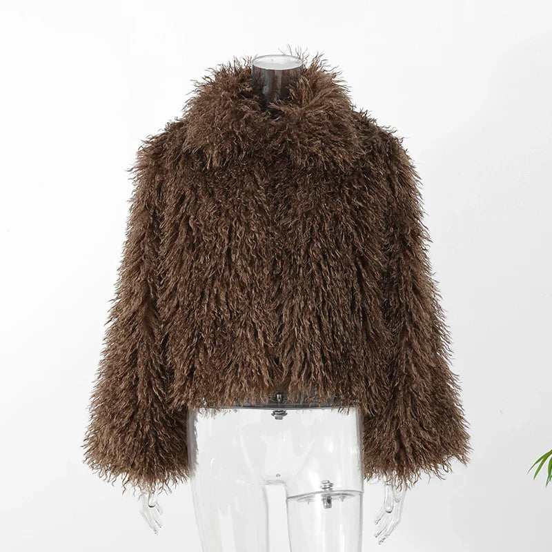 Women's Elegant Long Sleeve Furry Faux Fur Coat with Round Neck