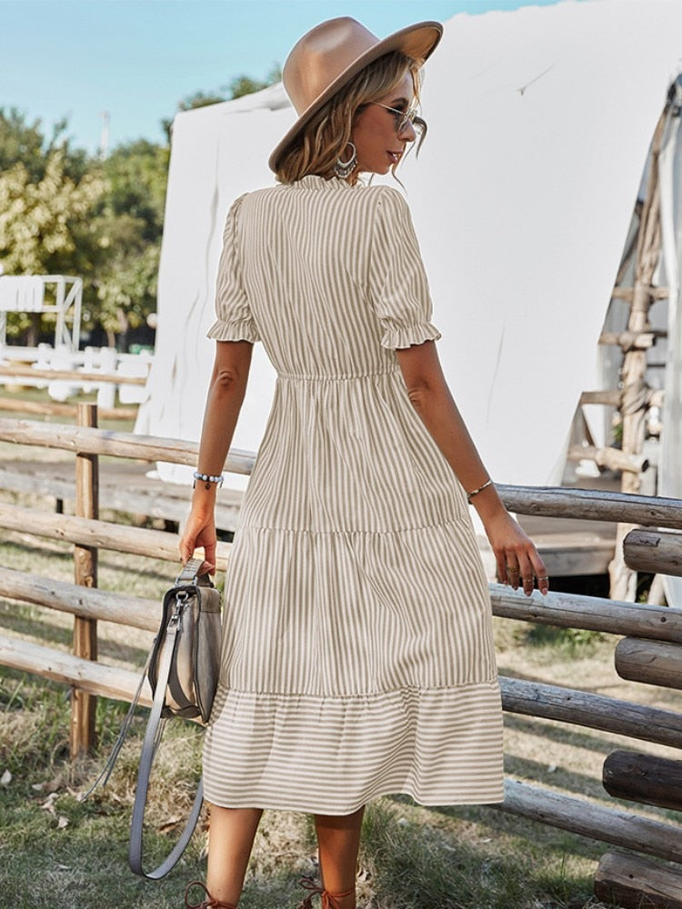 Vera dress - striped, V-neck, flounce sleeves