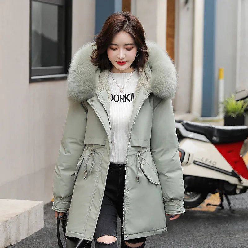 Women's Long Hooded Parka Coat with Wool Lining and Fur Collar - Various Colors