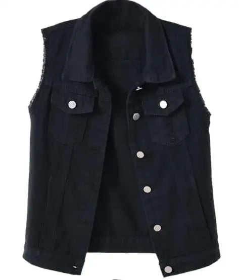Women's Denim Vest - Sleeveless Frayed Edge - Button-Up - Classic Collar - Casual Fit
