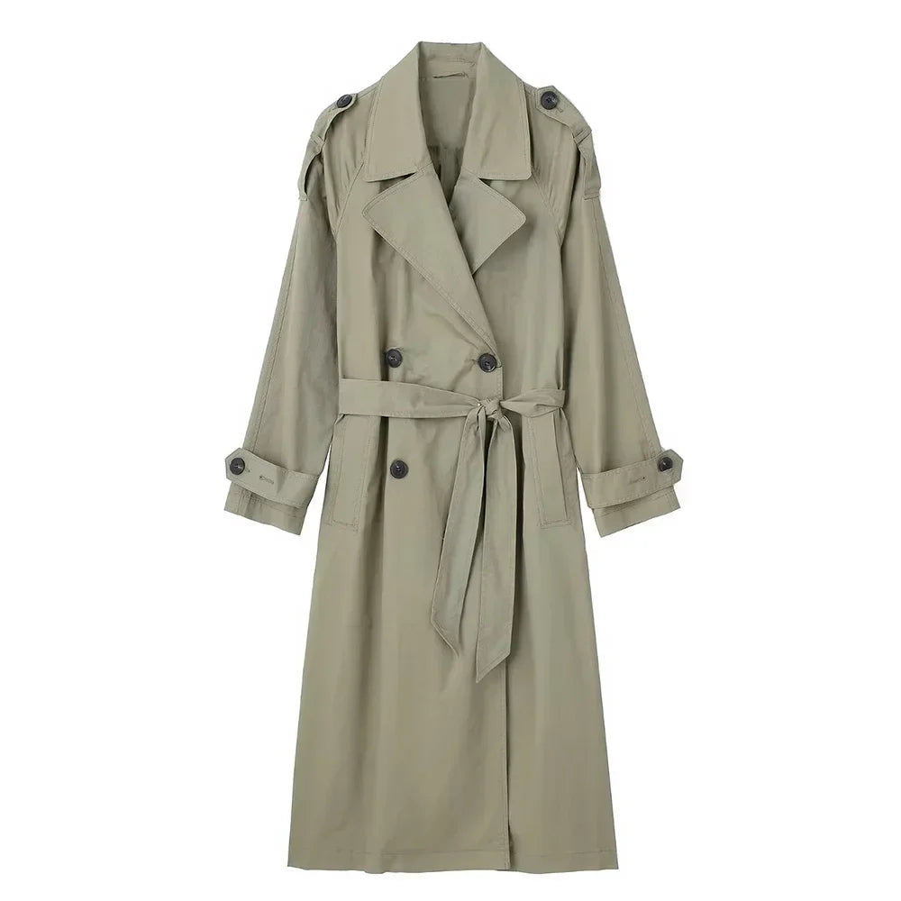 Women's Double-Breasted Trench Coat with Belt and Lapel Collar