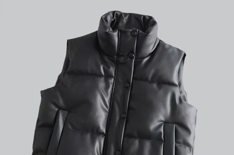 PU leather stand collar vest jacket for women