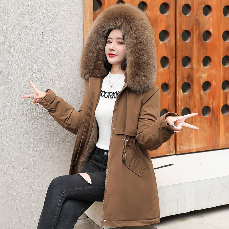 Women's Long Hooded Parka Coat with Wool Lining and Fur Collar - Various Colors