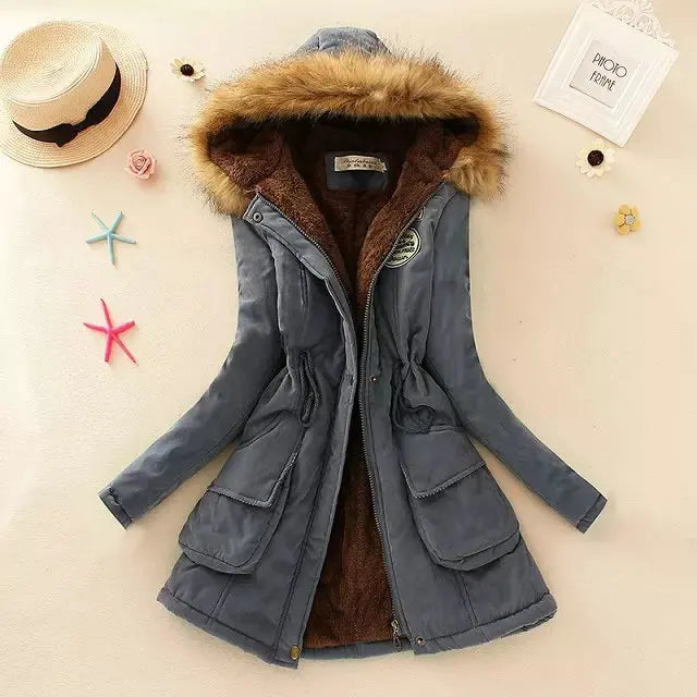Women's Cotton Padded Hooded Parka Jacket with Embroidery - Various Colors