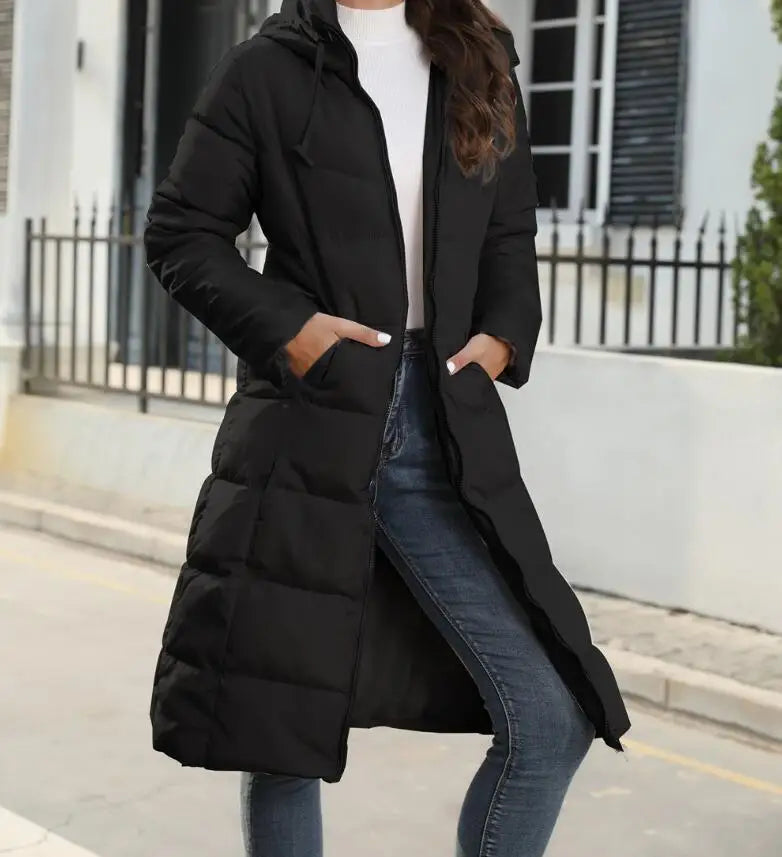 Women's Puffer Coat - Knee Length Quilted - Hooded Warm Insulated Jacket