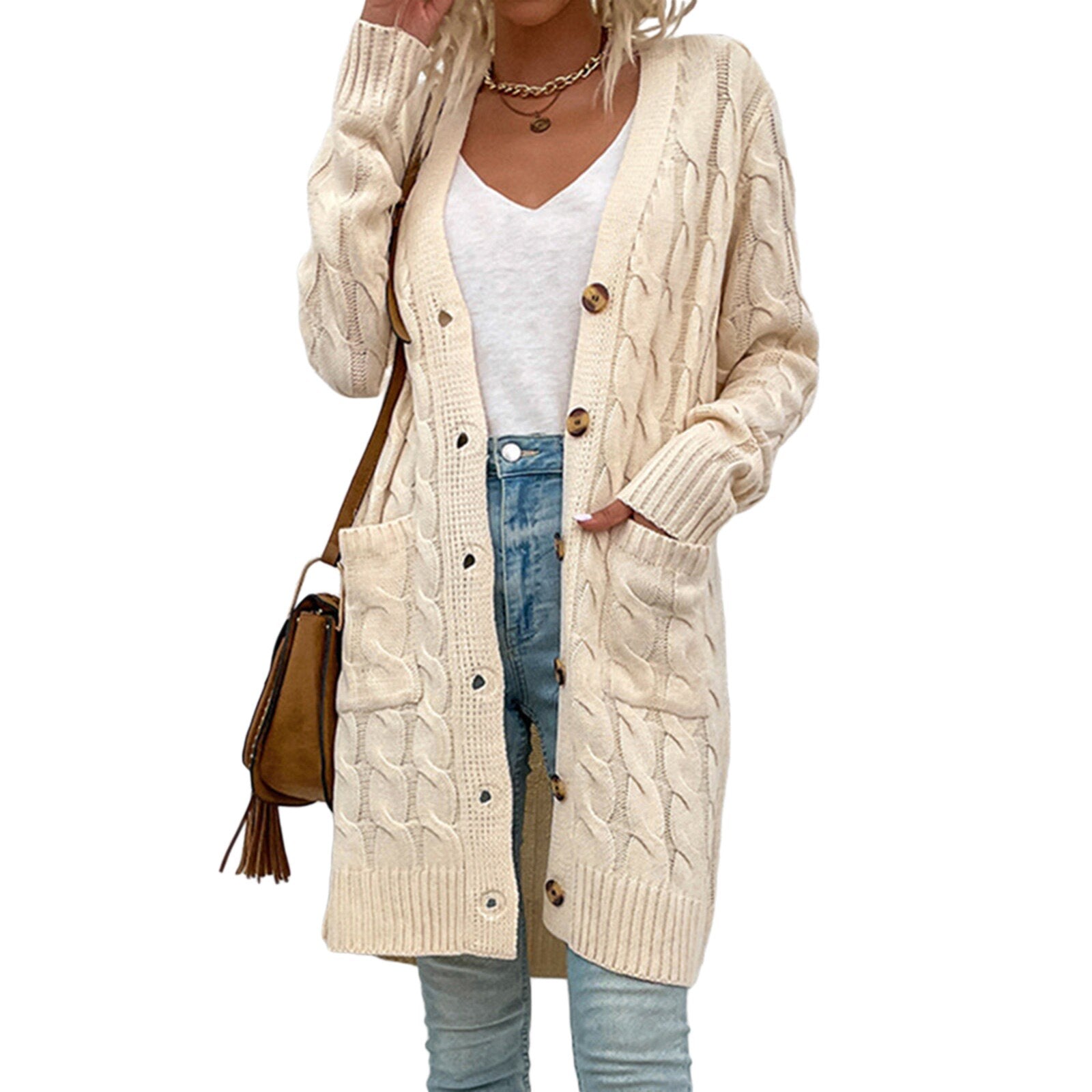 Casual long sleeve knitted coat - women's cardigan with pockets for spring and autumn