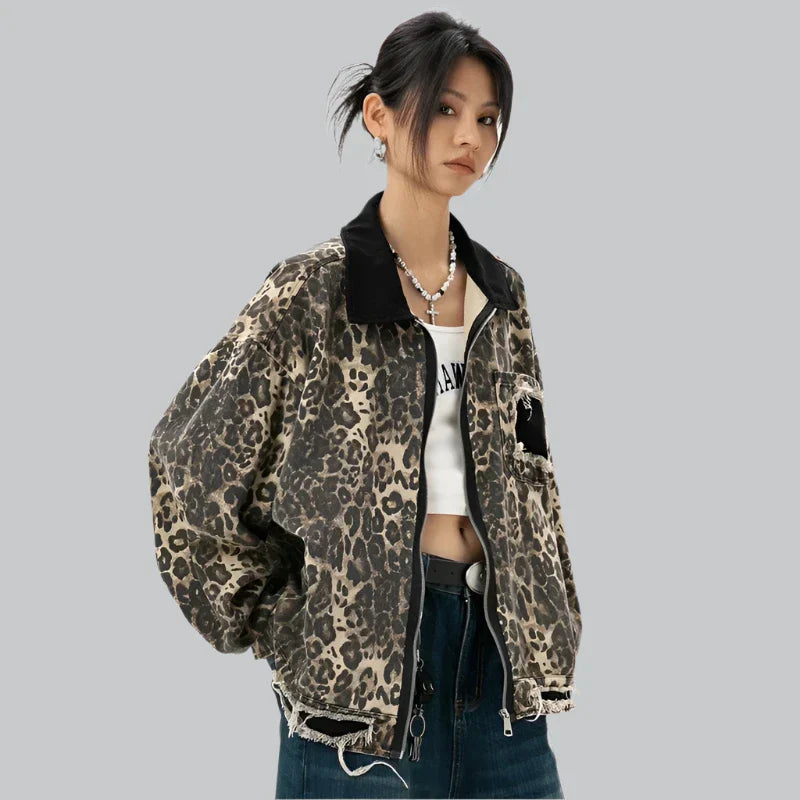 Retro leopard print washed denim jacket for women