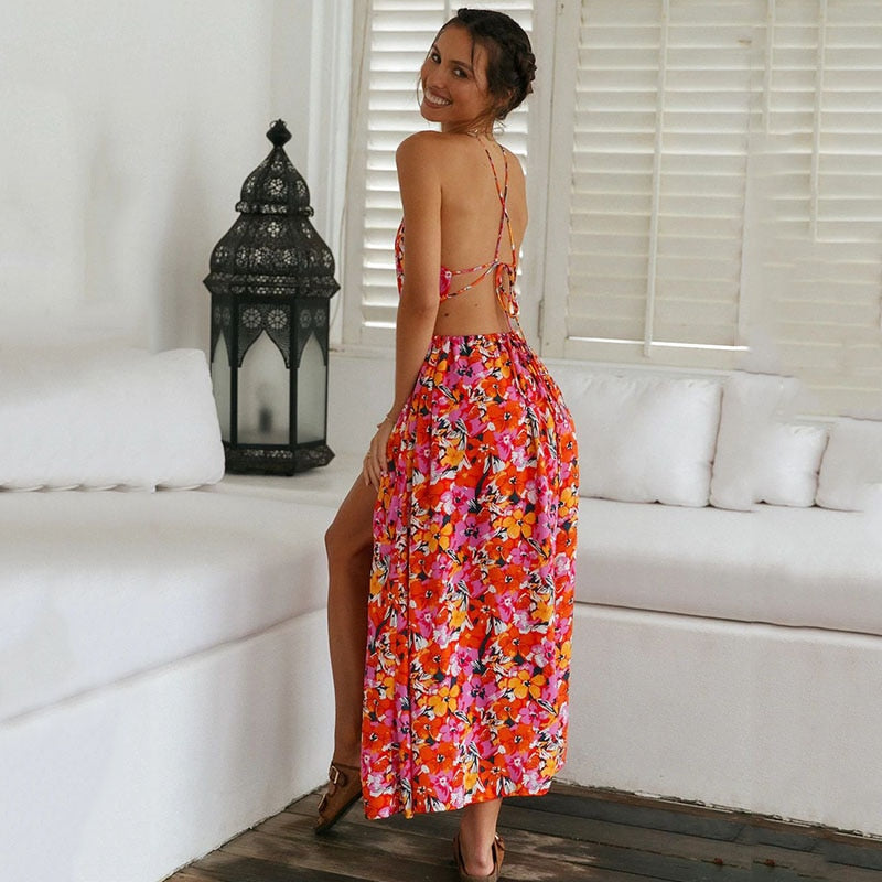 Slit maxi dress with floral print