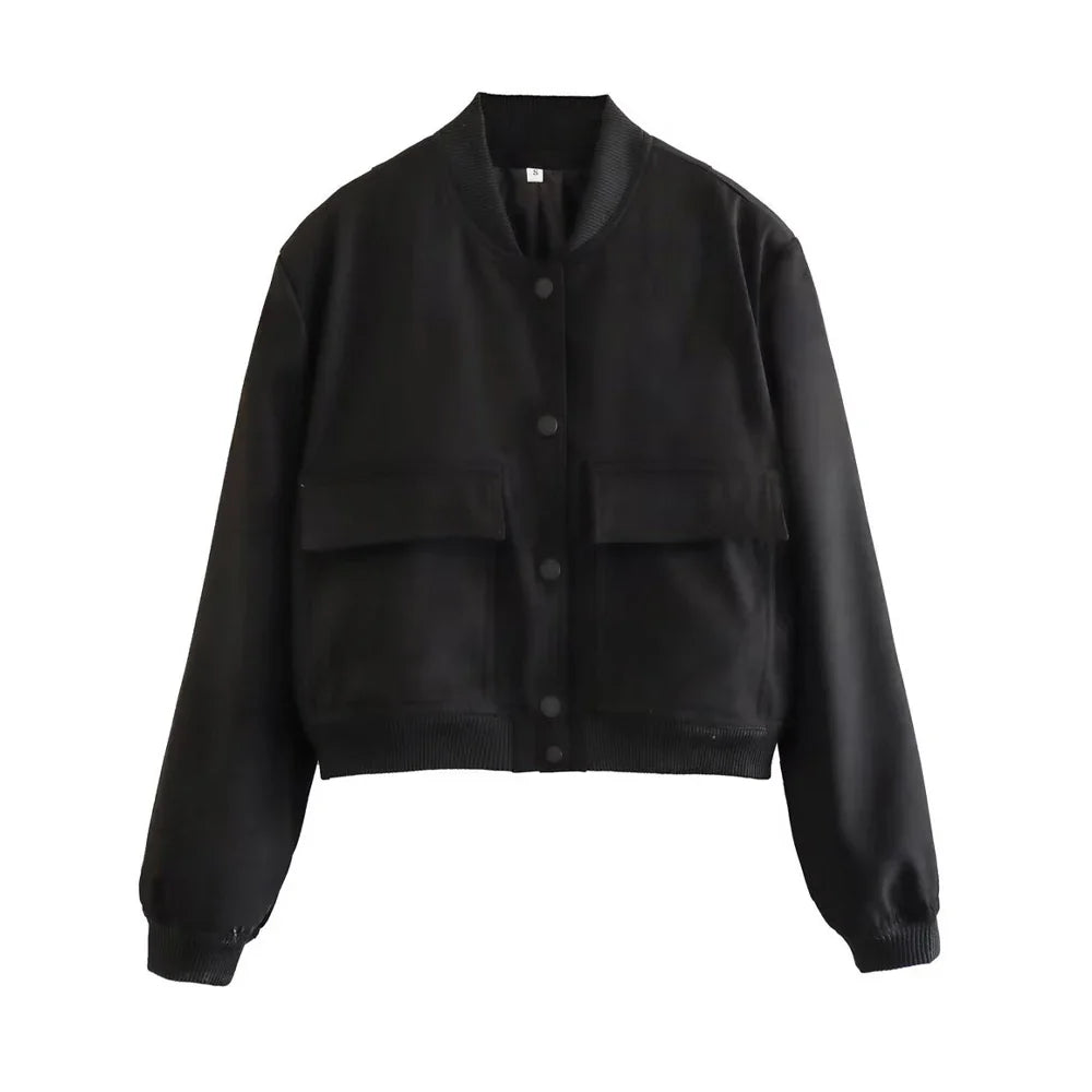 TRAF Long Sleeve Women's Front Button Jacket with Vintage Style and Pockets