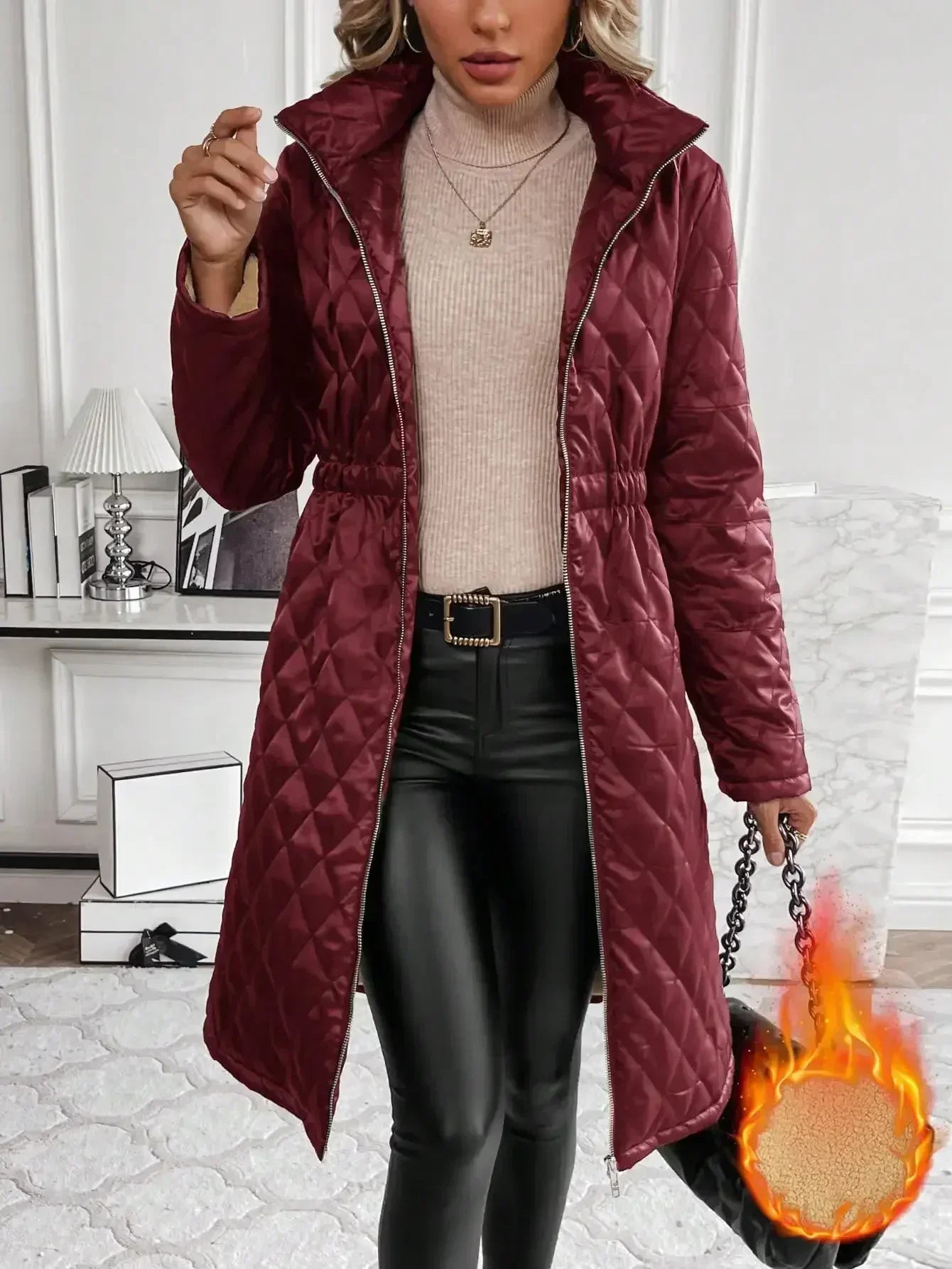 Women's Quilted Long Coat - Knee Length - Fitted Waist - Full Zip - Stand Collar