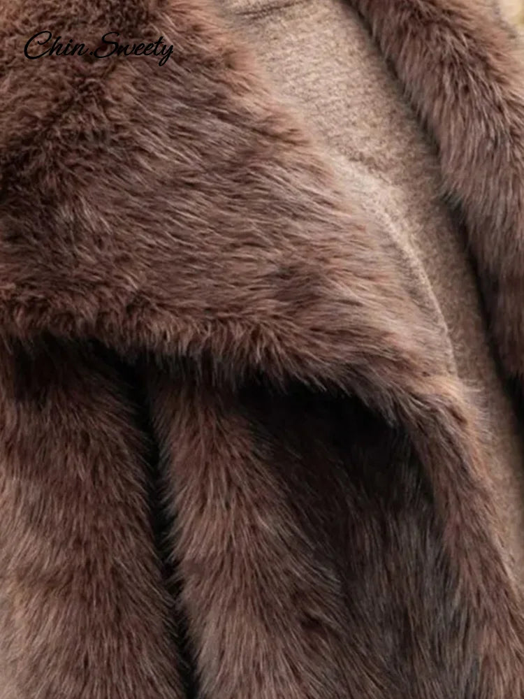 Women's Long Sleeve Faux Fur Coat with Buttons - Thick Warm Turn-Down Collar Fur Jacket