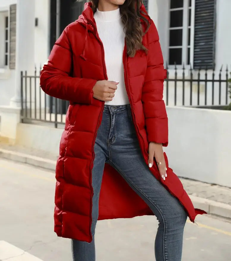 Women's Puffer Coat - Knee Length Quilted - Hooded Warm Insulated Jacket