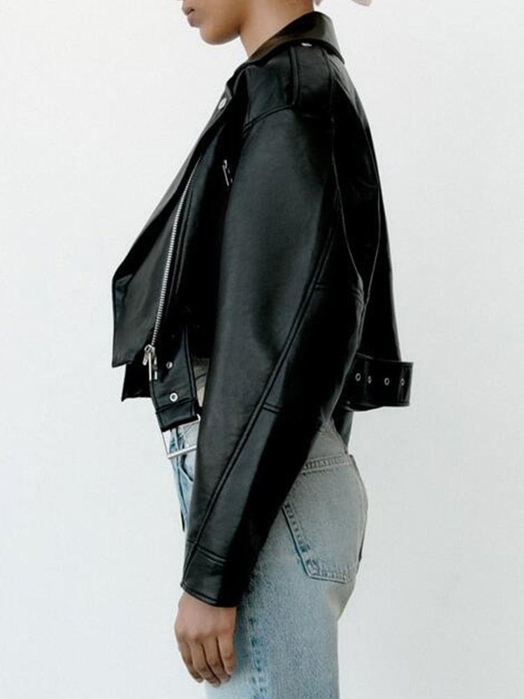 Women's jacket | biker style in vegan leather with belt and zip