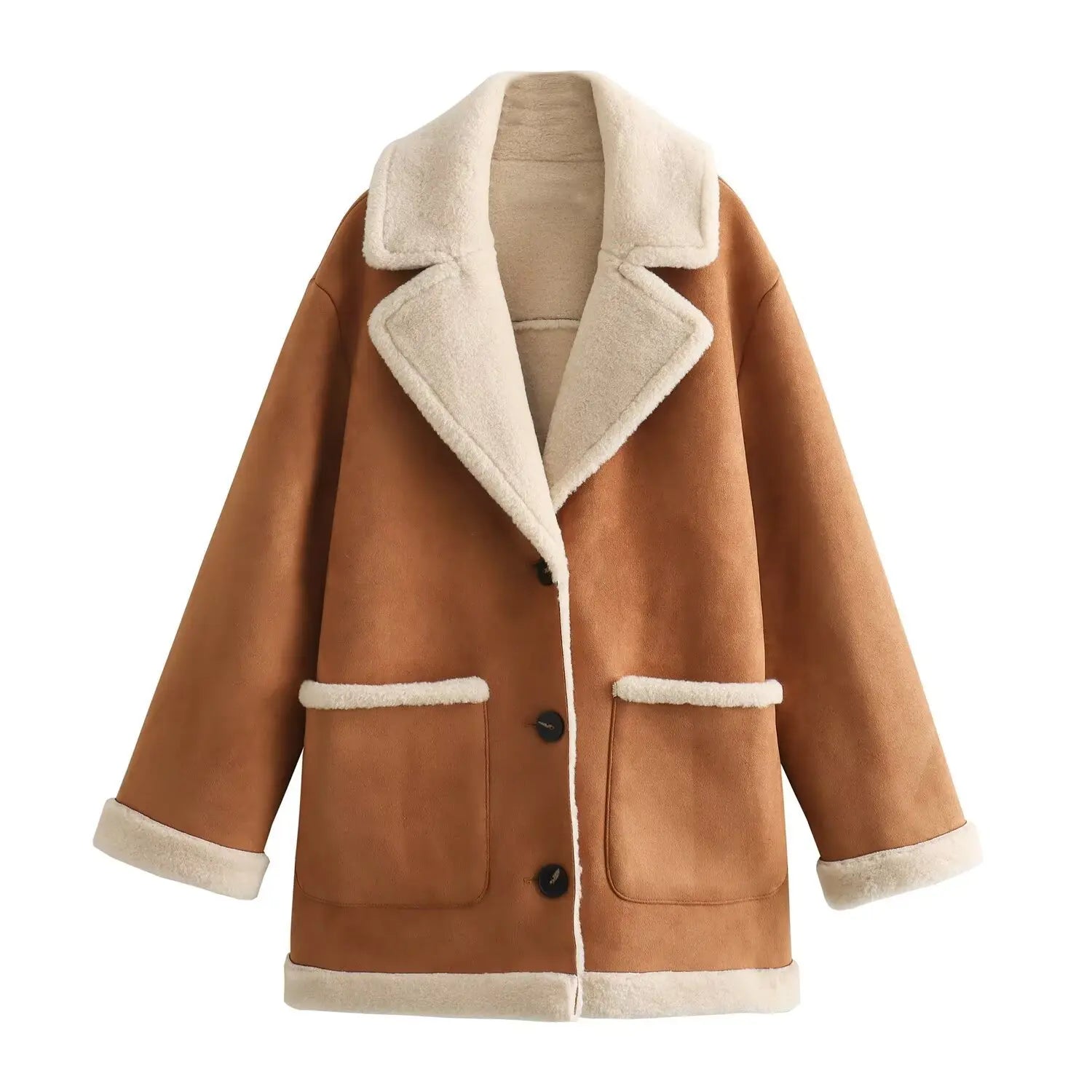 Women's Shearling Coat - Suede Finish - Notched Lapel - Button Front - Patch Pockets