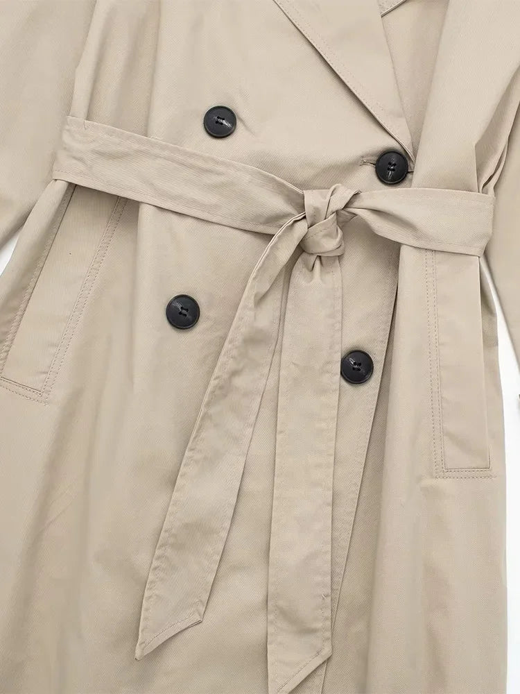 Women's Double-Breasted Trench Coat with Belt and Lapel Collar
