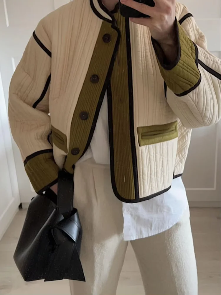 Streetwear patchwork quilted jacket for women