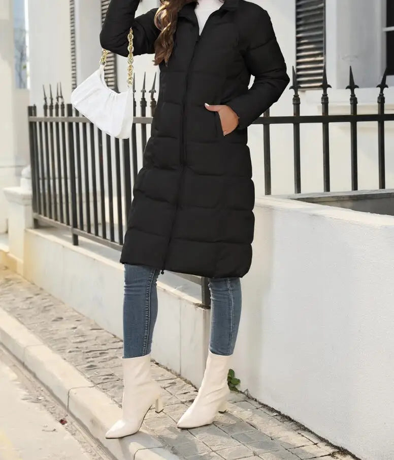 Women's Puffer Coat - Knee Length Quilted - Hooded Warm Insulated Jacket