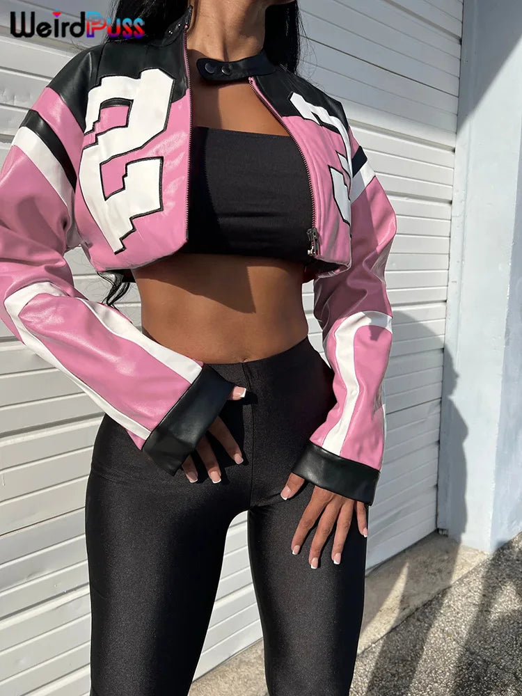 Weird Puss Faux Leather Crop Jacket for Women