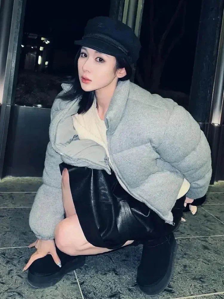 Women's Loose-Fit Thickened Grey Cotton Parka Jacket with Stand Collar