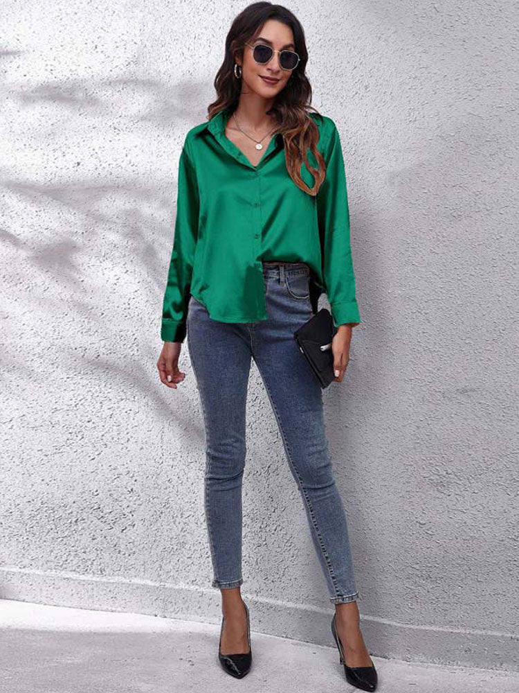 Satin Blouse For Women Loose fit Button placket  Silky long-sleeved shirt