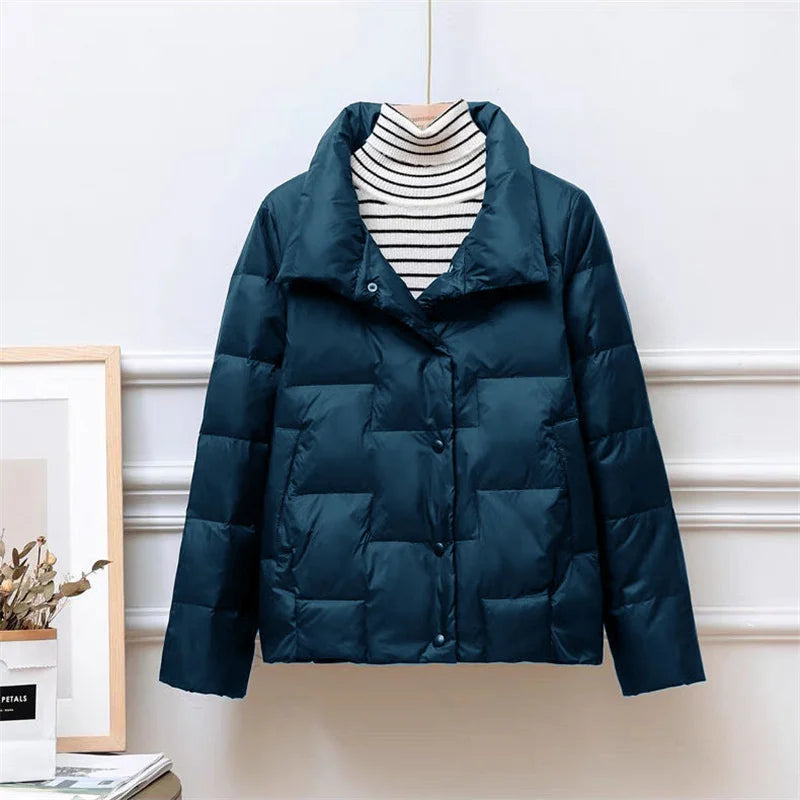 Women's Puffer Jacket - Quilted Insulation - Wide Collar - Snap Button Closure