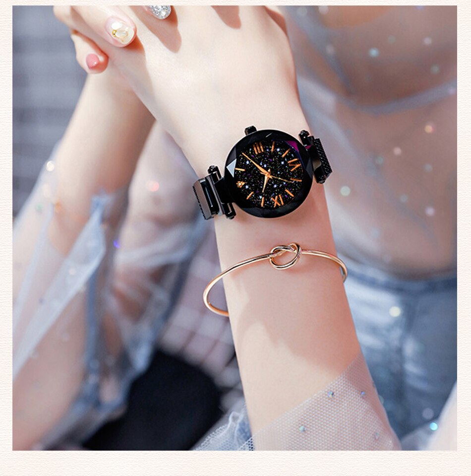 Luminous Starry Sky: Ladies Fashion Starry Sky Watches Magnetic Buckle Mesh Bracelet Diamond Quartz Watch Ladies Dress Watch