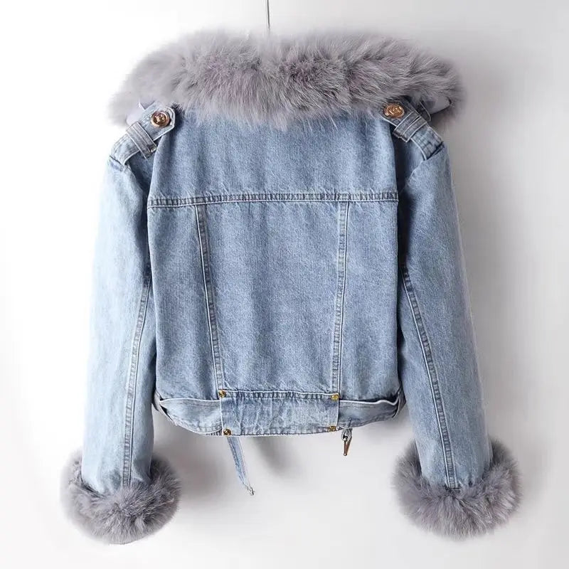 Women's Denim Jacket - Biker Style - Faux Fur Collar & Cuffs - Asymmetrical Zip
