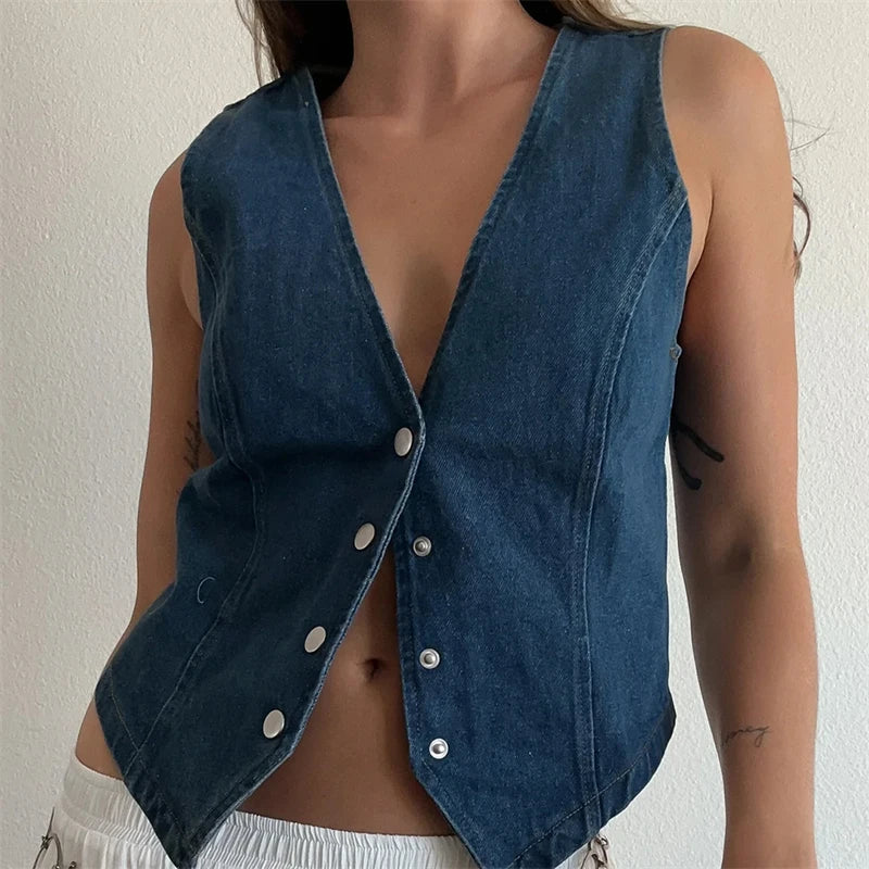 Sleeveless Denim Jacket with V-Neck for Women