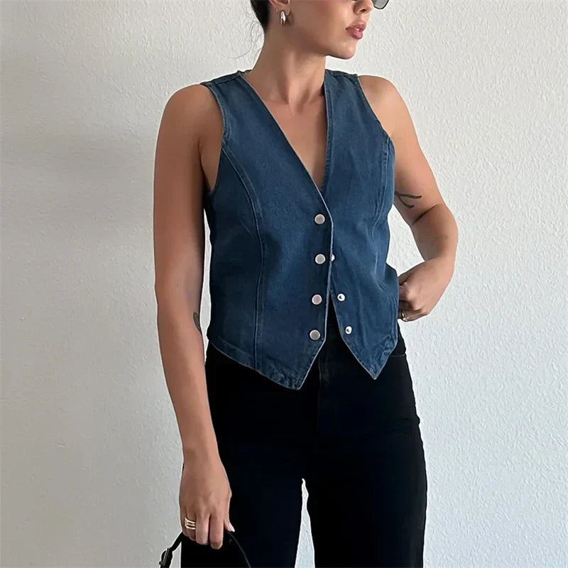 Sleeveless Denim Jacket with V-Neck for Women