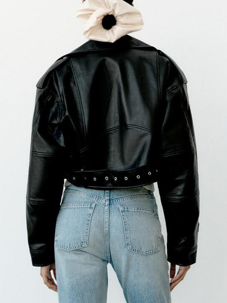 Women's jacket | biker style in vegan leather with belt and zip