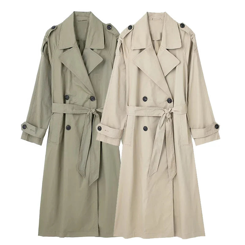 Women's Double-Breasted Trench Coat with Belt and Lapel Collar