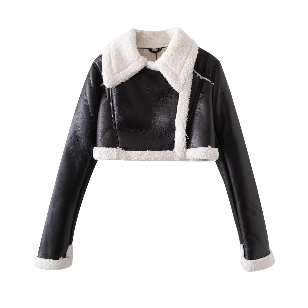 Women's Cropped Shearling Jacket - Leather Look - Oversized Collar - Zip Closure