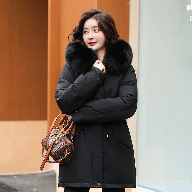 Women's Long Hooded Parka Coat with Wool Lining and Fur Collar - Various Colors