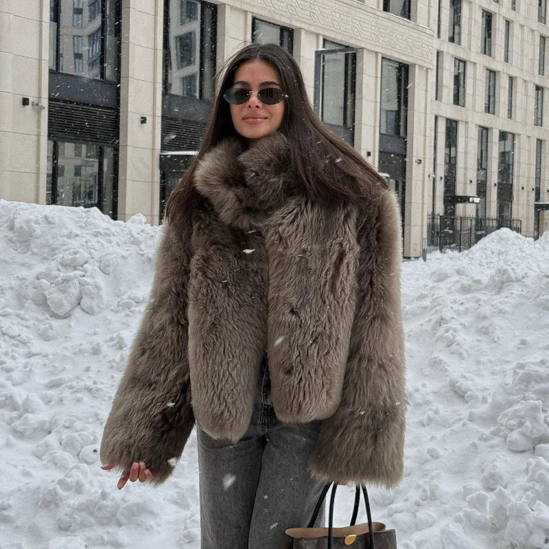 Women's Elegant Long Sleeve Furry Faux Fur Coat with Round Neck