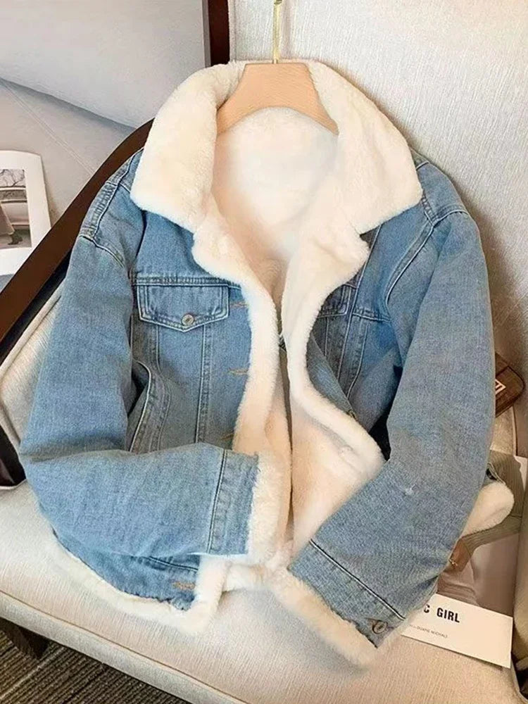 Fleece-Lined Denim Jacket for Women with Loose Fit and Fur Collar