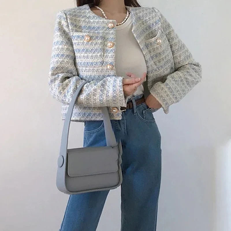 Elegant Women's Tweed Short Coat with Pockets
