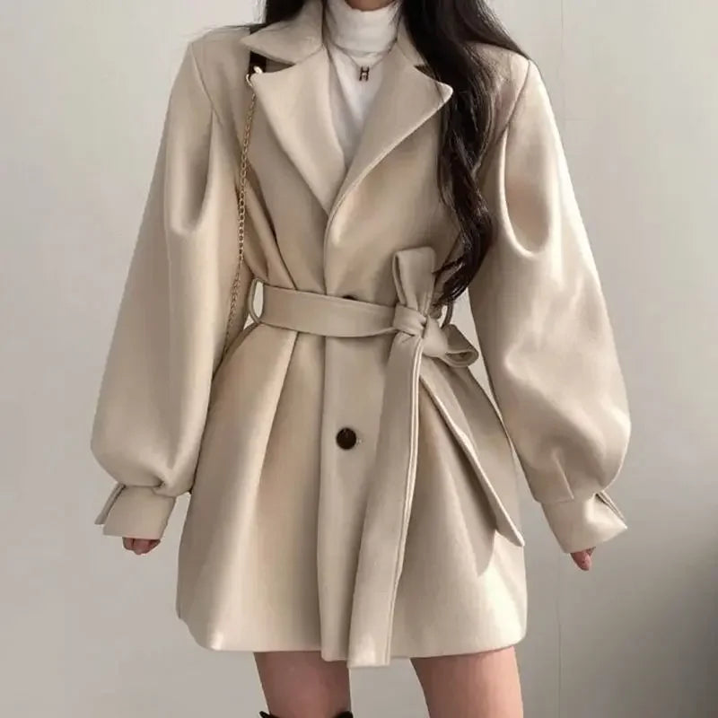 Women's Trench Coat - Oversized Fit - Wide Lapel - Belted Waist - Button Closure