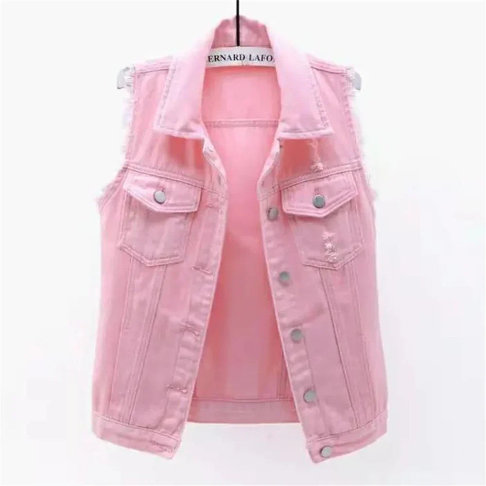 Women's Denim Vest - Sleeveless Frayed Edge - Button-Up - Classic Collar - Casual Fit
