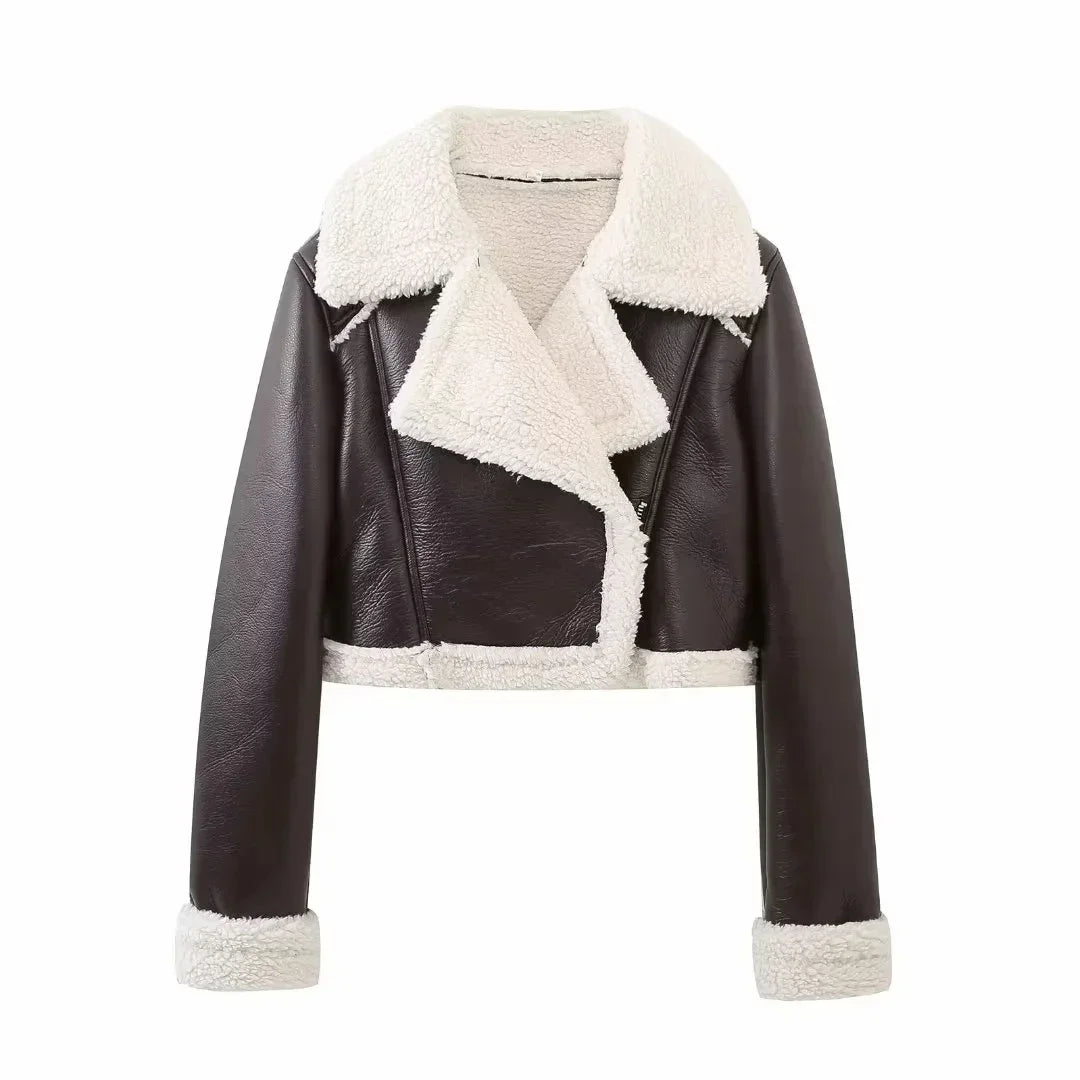 Women's Black Cropped Faux Leather Jacket with Wool Blend