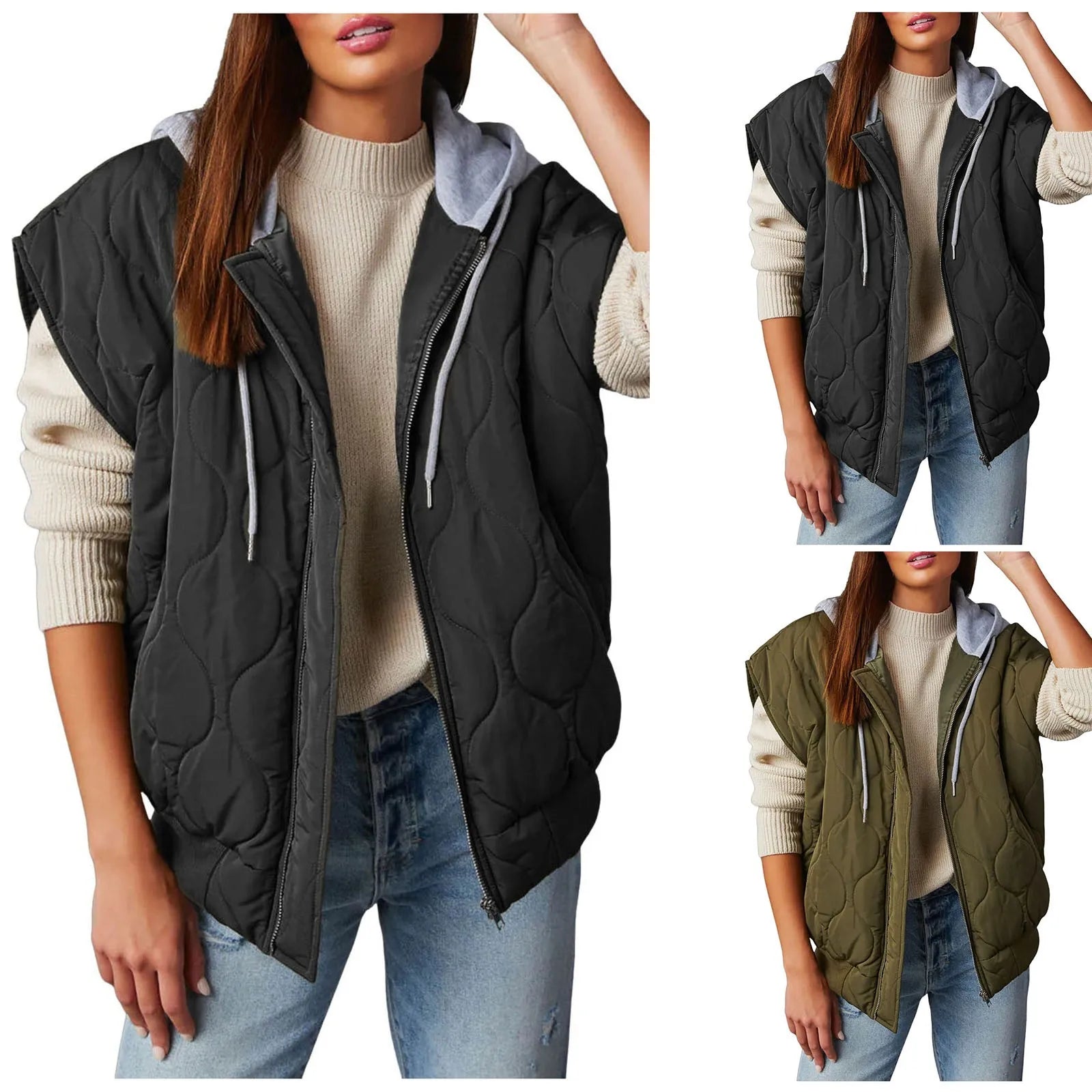 Women's Quilted Hooded Vest with Pockets