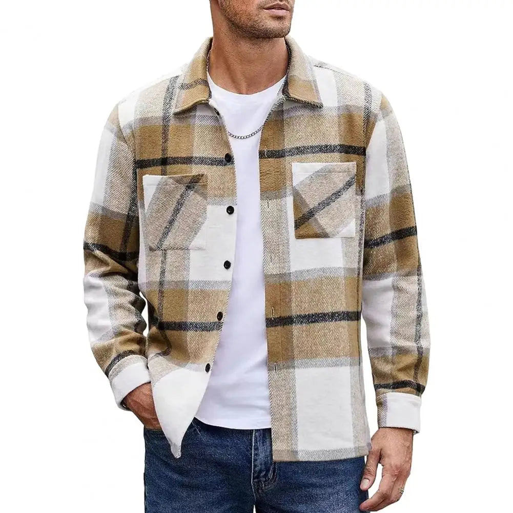 Flannel plaid button-up shirt jacket for men