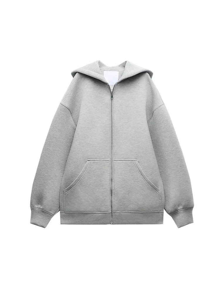 TRAF Women's Gray Long Sleeve Hooded Jacket with Zipper and Pockets