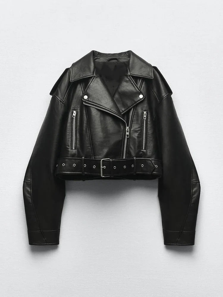 Vintage-Inspired Women’s Loose Faux Leather Short Jacket with Belt and Zipper