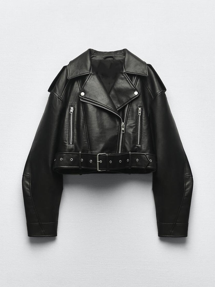 Vintage-style jacket made of vegan leather with belt and zip