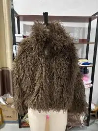 Women's Elegant Long Sleeve Furry Faux Fur Coat with Round Neck