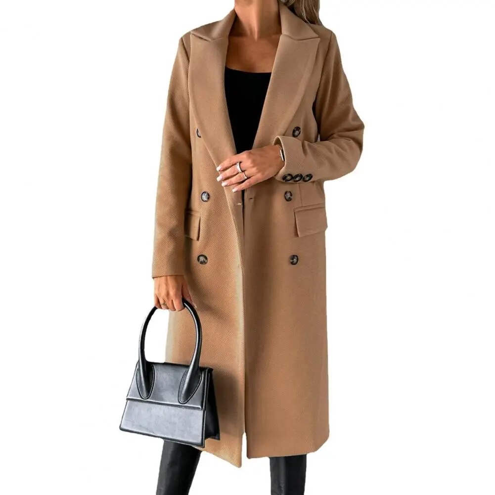 Women's Long Coat - Double Breasted - Tailored Fit - Notched Lapels - Formal Elegant Wear