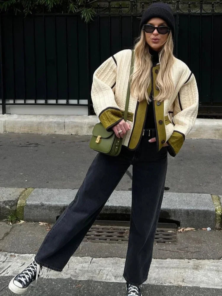 Streetwear patchwork quilted jacket for women
