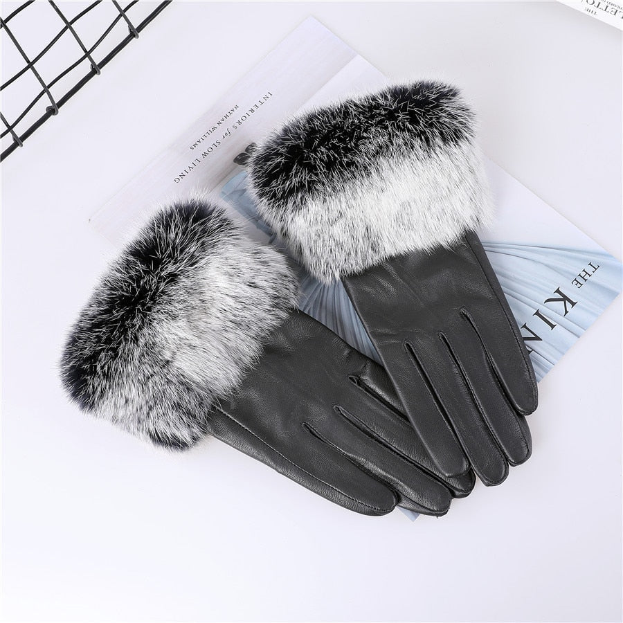 Genuine lamb leather gloves with rabbit fur cuffs | Ladies leather gloves