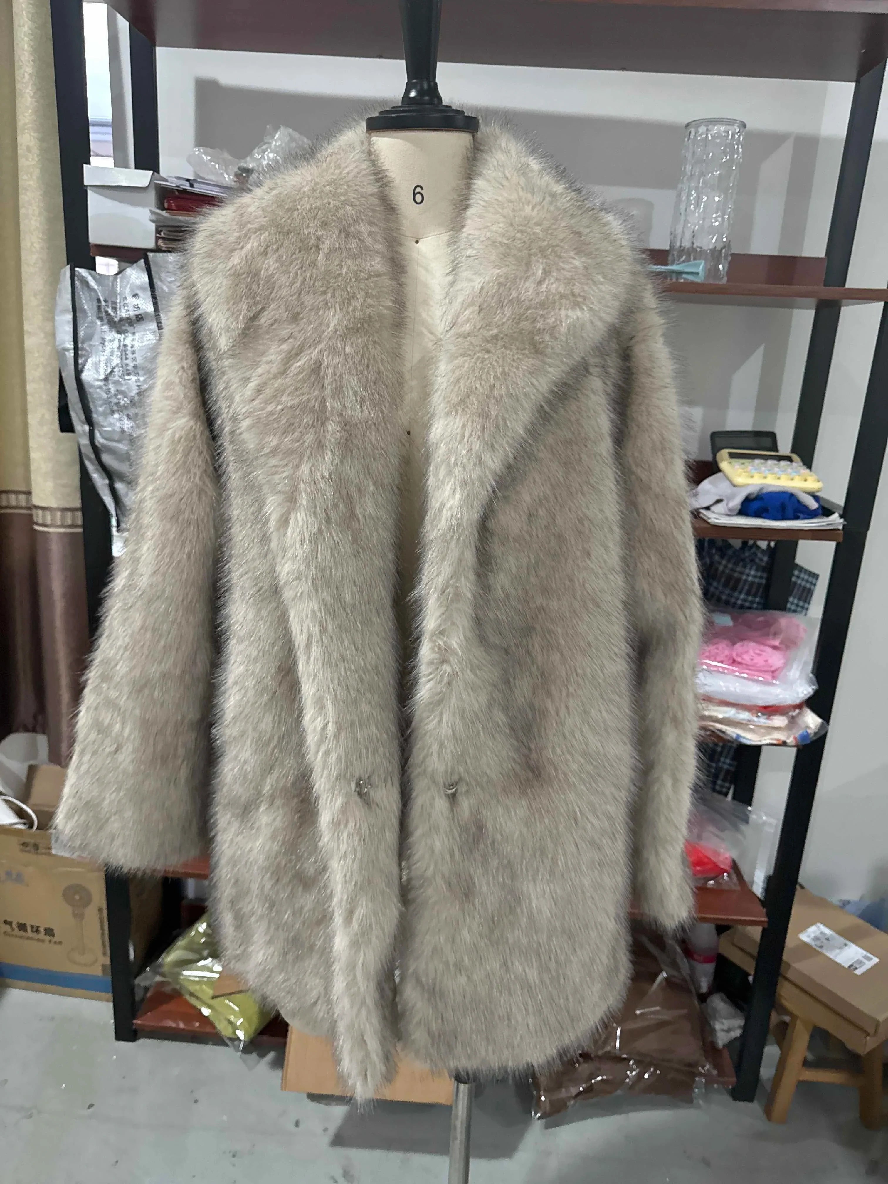 Women's Elegant Long Sleeve Furry Faux Fur Coat with Round Neck