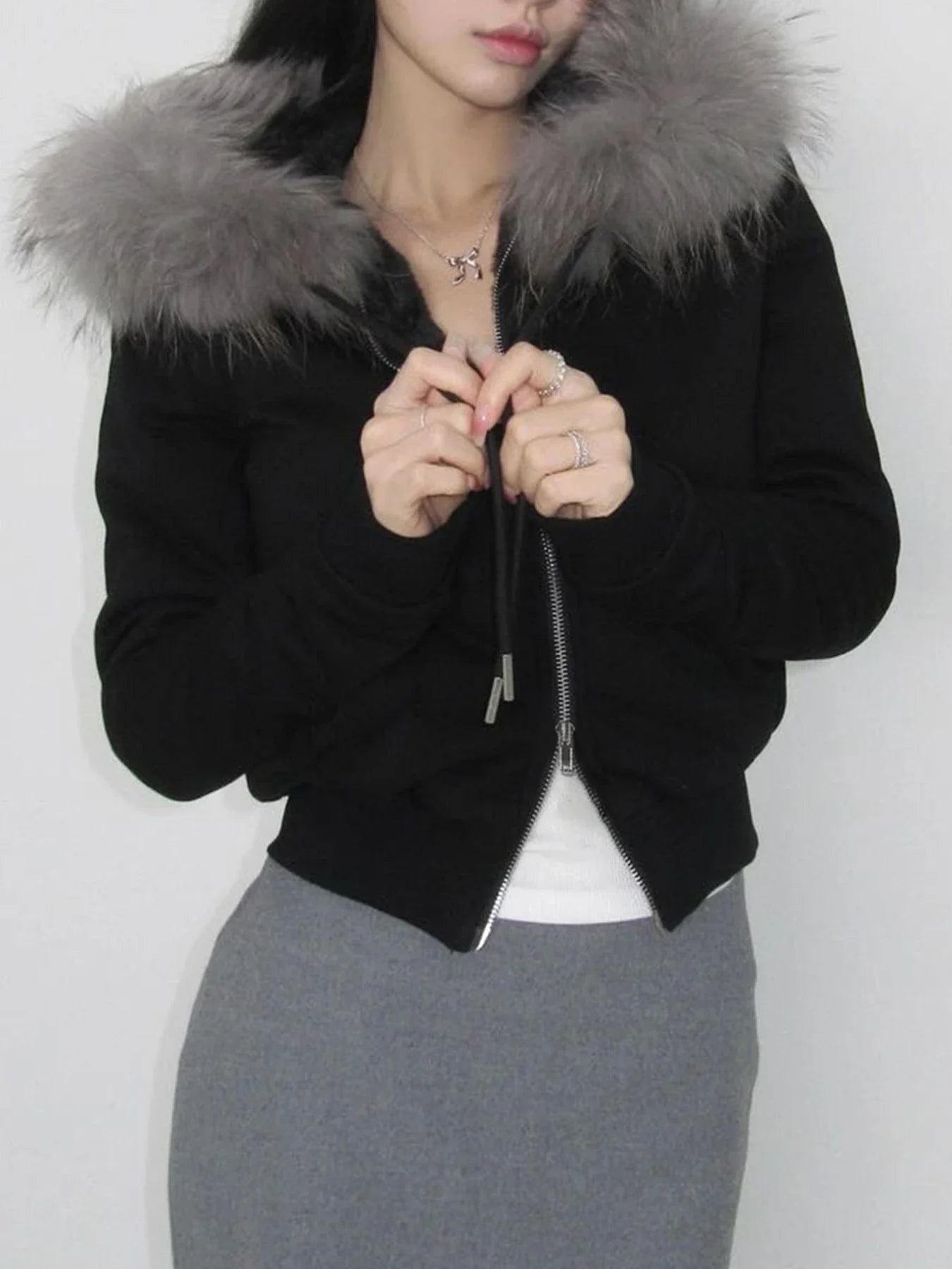 Women's Faux Fur Patchwork Hooded Jacket with Letter Embroidery and Zipper